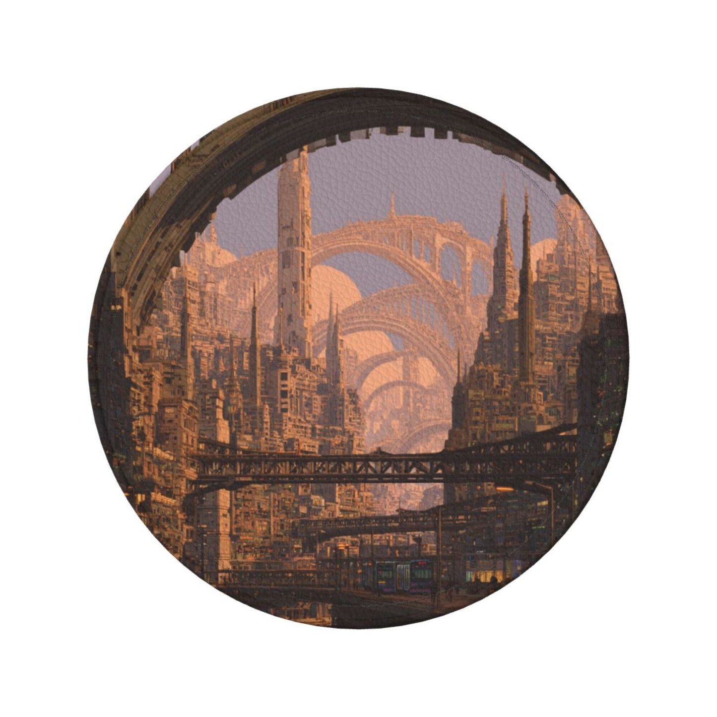 Sci - Fi Cityscape Round Leather Coaster Set (6 Pieces + Storage Box)