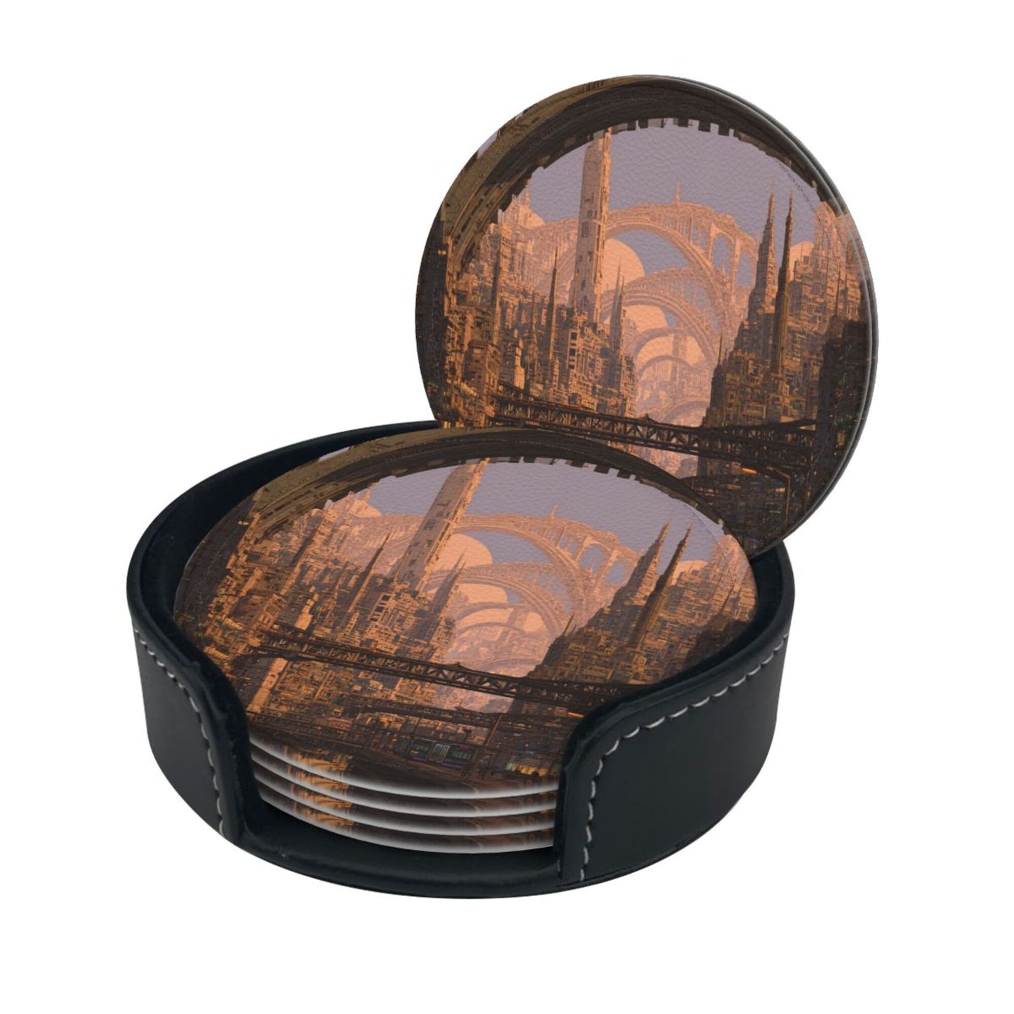Sci - Fi Cityscape Round Leather Coaster Set (6 Pieces + Storage Box)