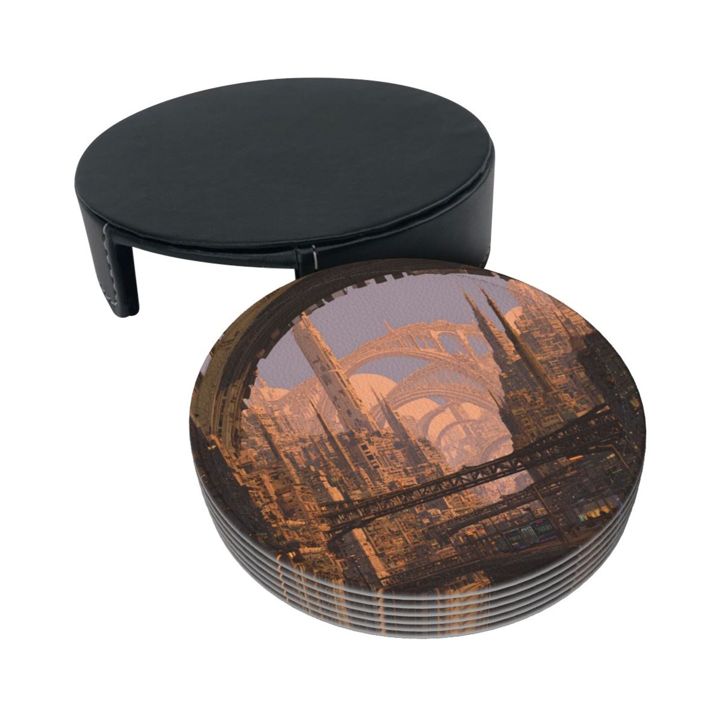 Sci - Fi Cityscape Round Leather Coaster Set (6 Pieces + Storage Box)