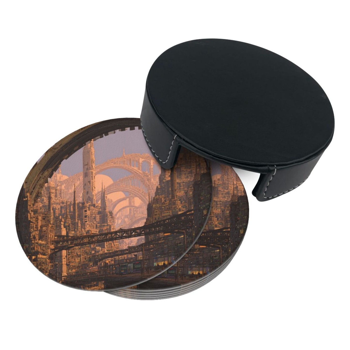 Sci - Fi Cityscape Round Leather Coaster Set (6 Pieces + Storage Box)