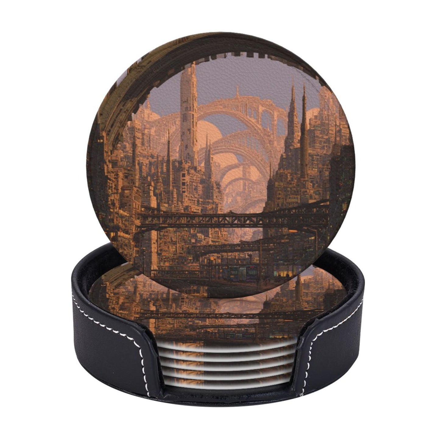 Sci - Fi Cityscape Round Leather Coaster Set (6 Pieces + Storage Box)