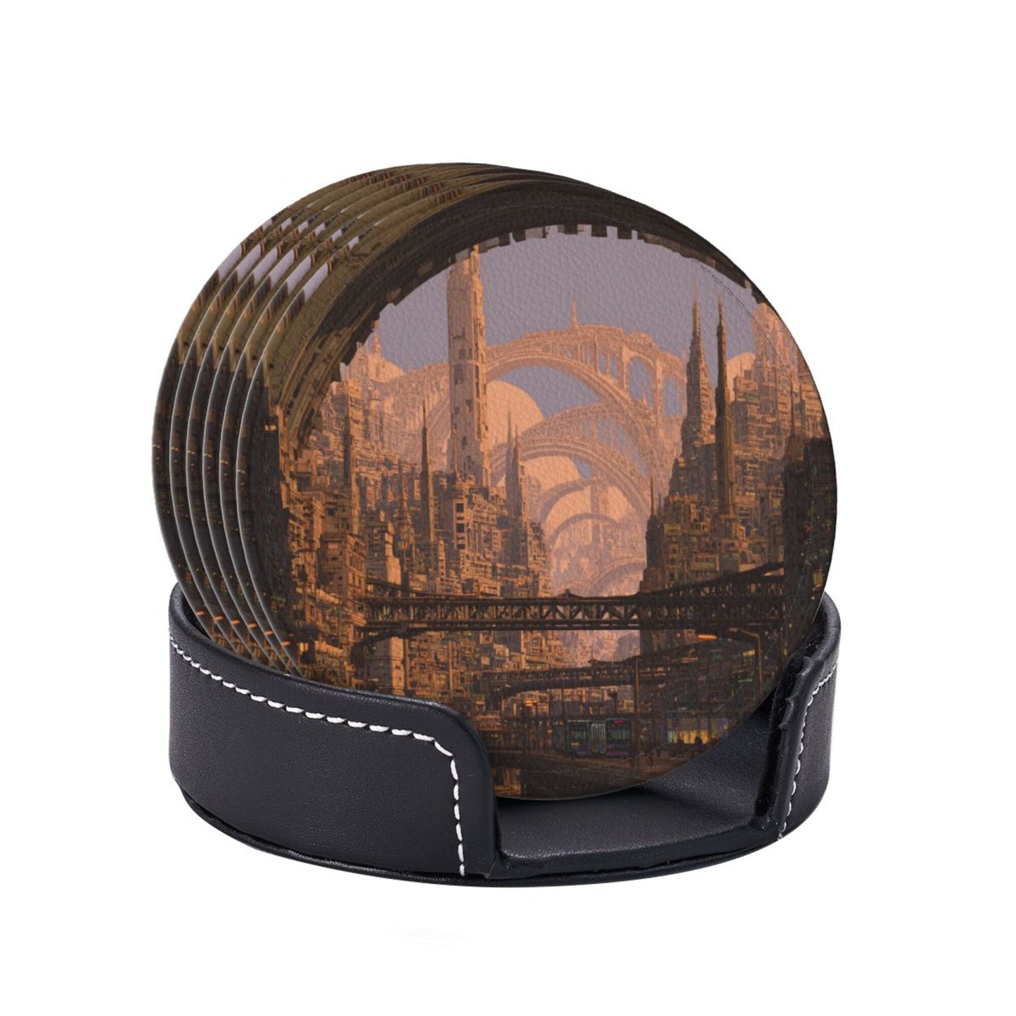 Sci - Fi Cityscape Round Leather Coaster Set (6 Pieces + Storage Box)