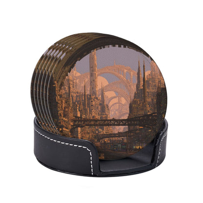 Sci - Fi Cityscape Round Leather Coaster Set (6 Pieces + Storage Box)
