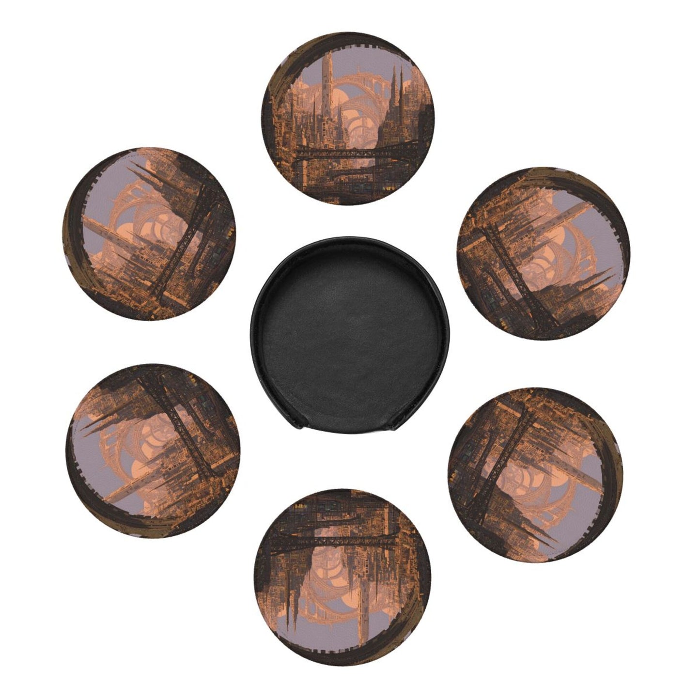 Sci - Fi Cityscape Round Leather Coaster Set (6 Pieces + Storage Box)