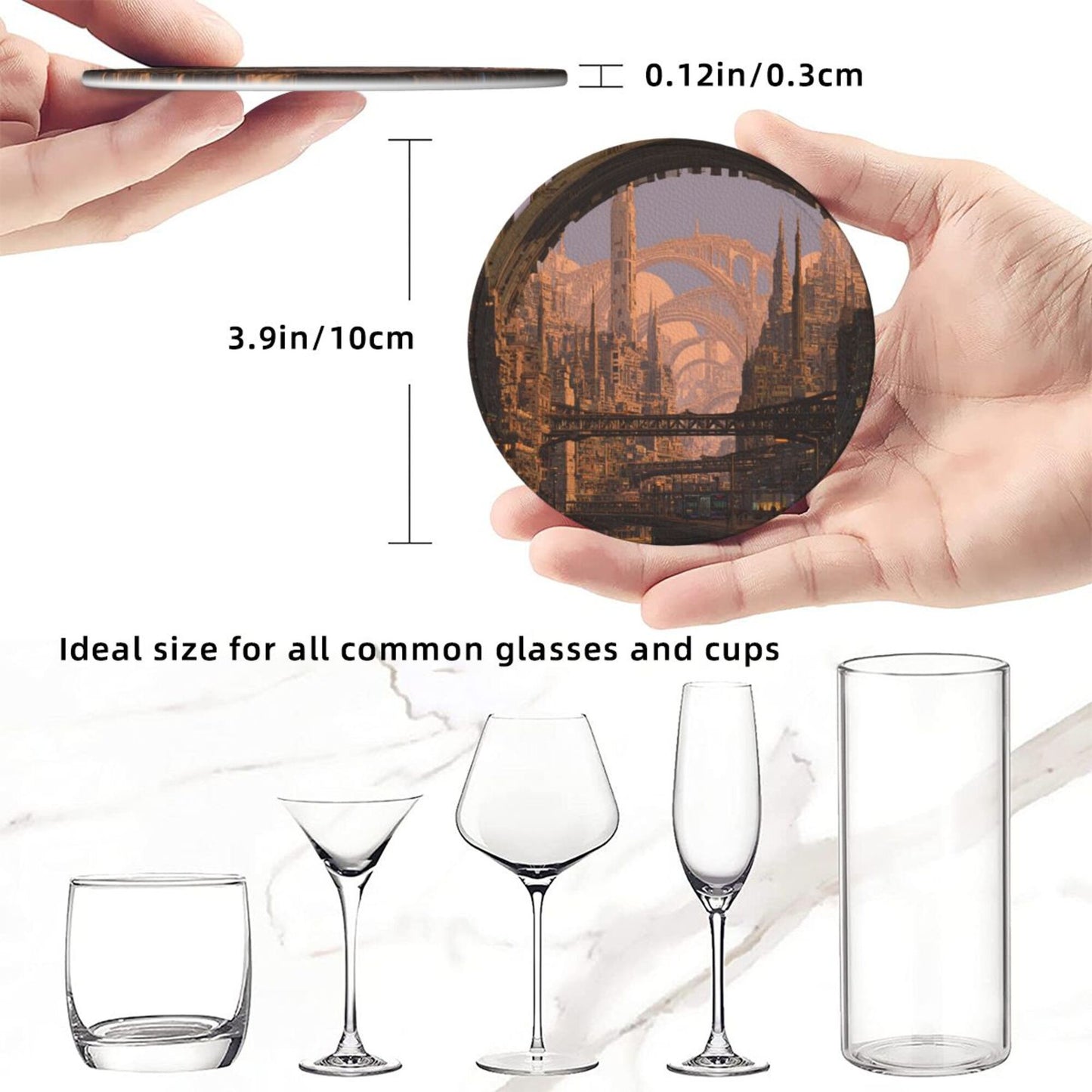 Sci - Fi Cityscape Round Leather Coaster Set (6 Pieces + Storage Box)