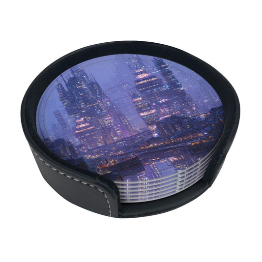 Cyberpunk City Night View Round Leather Coaster Set (6 Pieces + Storage Box)