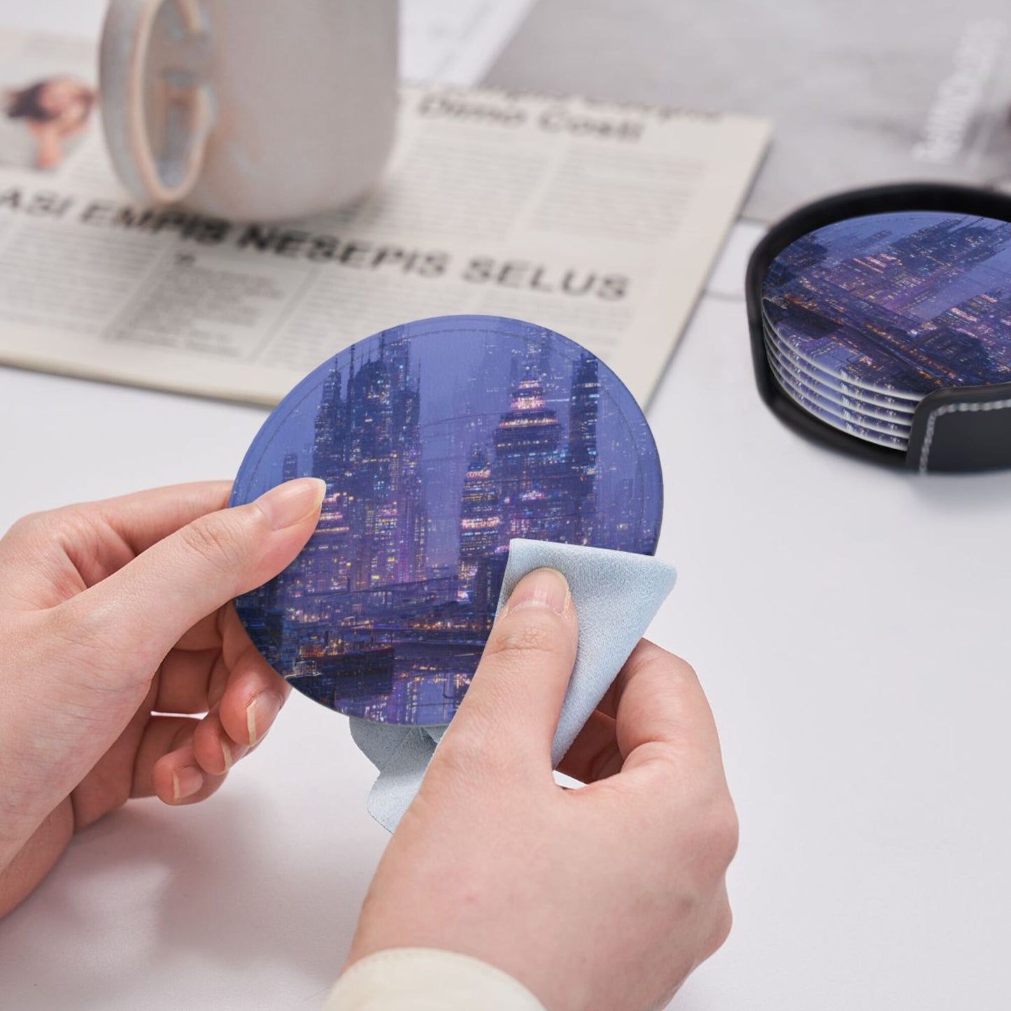 Cyberpunk City Night View Round Leather Coaster Set (6 Pieces + Storage Box)