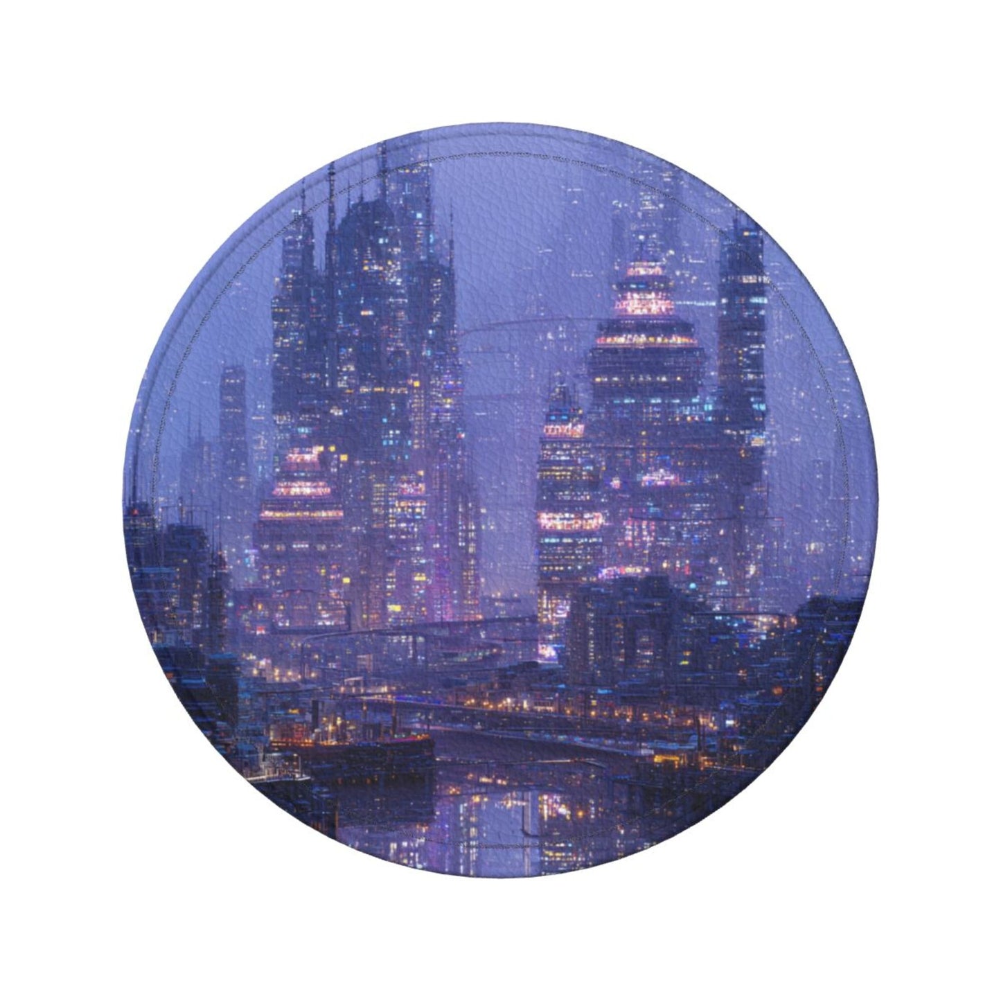 Cyberpunk City Night View Round Leather Coaster Set (6 Pieces + Storage Box)