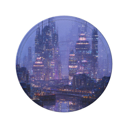 Cyberpunk City Night View Round Leather Coaster Set (6 Pieces + Storage Box)
