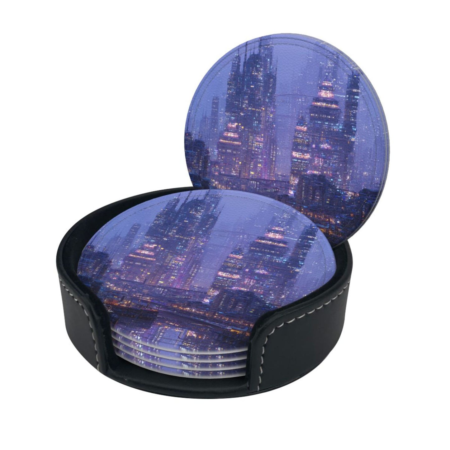 Cyberpunk City Night View Round Leather Coaster Set (6 Pieces + Storage Box)