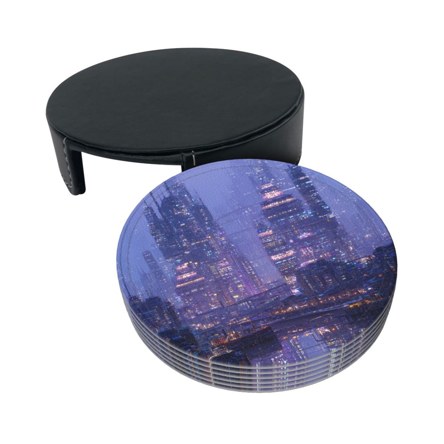 Cyberpunk City Night View Round Leather Coaster Set (6 Pieces + Storage Box)