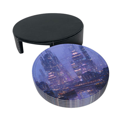 Cyberpunk City Night View Round Leather Coaster Set (6 Pieces + Storage Box)
