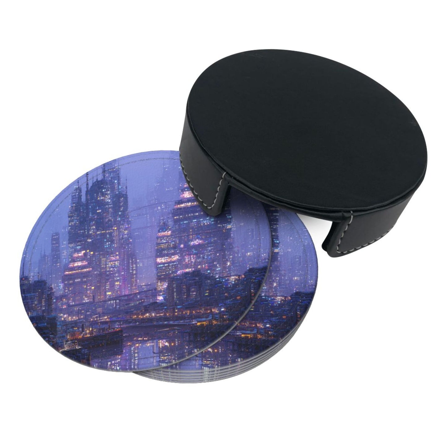 Cyberpunk City Night View Round Leather Coaster Set (6 Pieces + Storage Box)