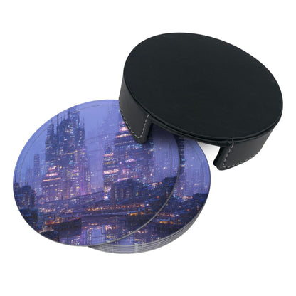 Cyberpunk City Night View Round Leather Coaster Set (6 Pieces + Storage Box)