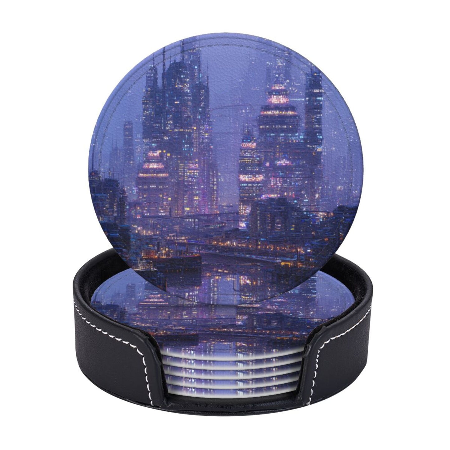 Cyberpunk City Night View Round Leather Coaster Set (6 Pieces + Storage Box)