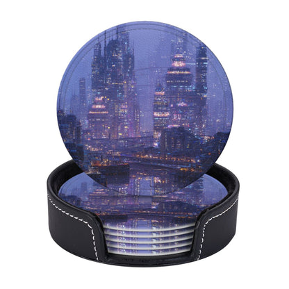 Cyberpunk City Night View Round Leather Coaster Set (6 Pieces + Storage Box)