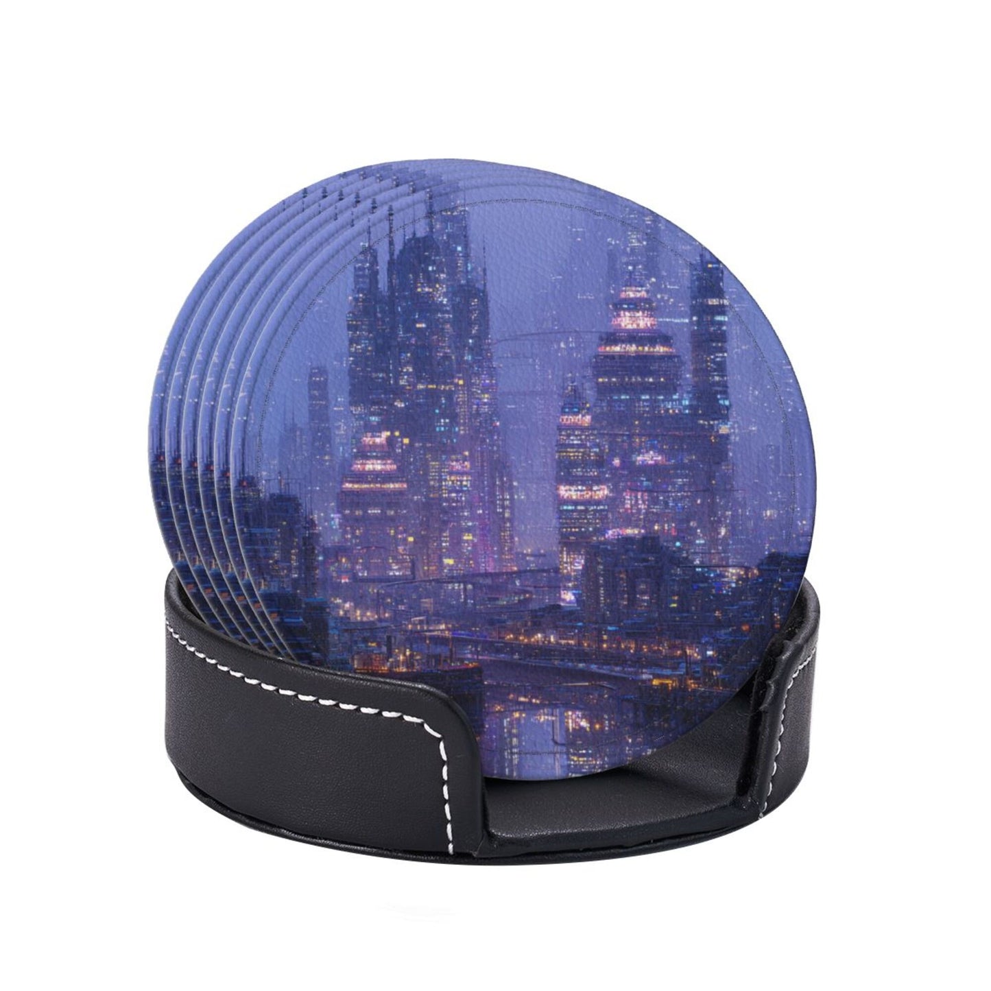 Cyberpunk City Night View Round Leather Coaster Set (6 Pieces + Storage Box)