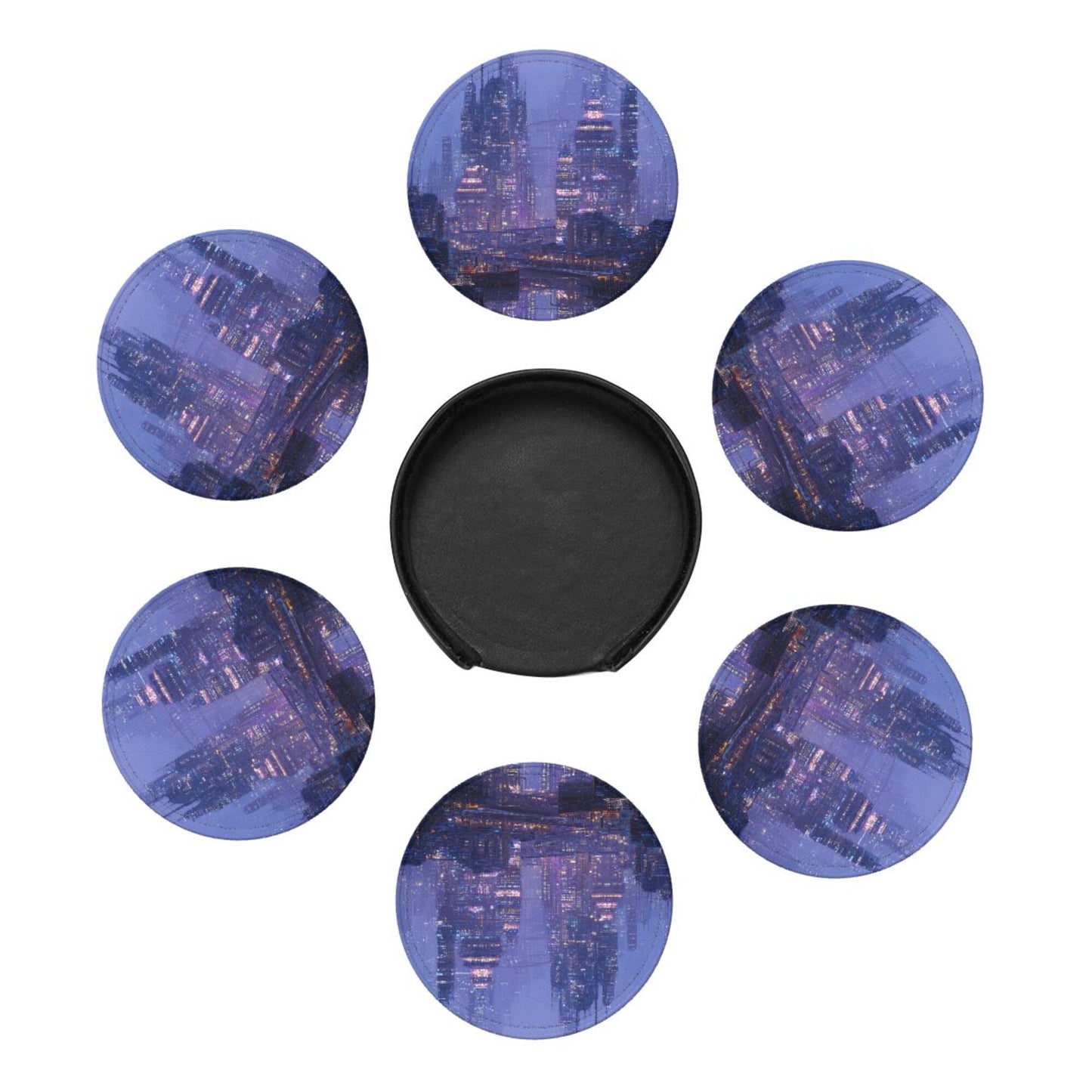 Cyberpunk City Night View Round Leather Coaster Set (6 Pieces + Storage Box)