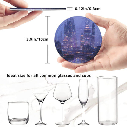 Cyberpunk City Night View Round Leather Coaster Set (6 Pieces + Storage Box)