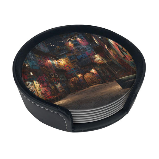 Graffiti Art Street Round Leather Coaster Set (6 Pieces + Storage Box)