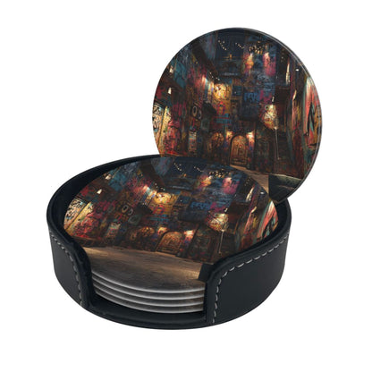 Graffiti Art Street Round Leather Coaster Set (6 Pieces + Storage Box)