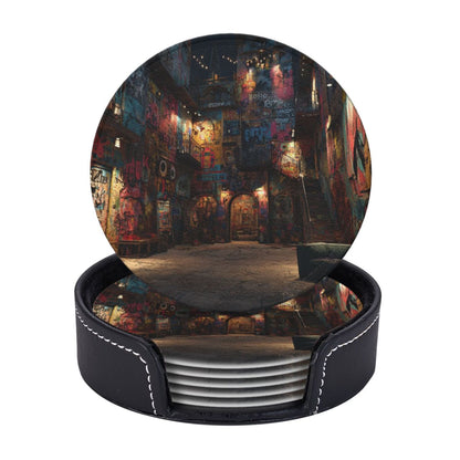Graffiti Art Street Round Leather Coaster Set (6 Pieces + Storage Box)