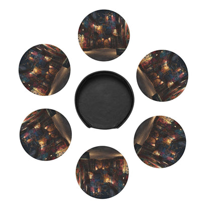 Graffiti Art Street Round Leather Coaster Set (6 Pieces + Storage Box)
