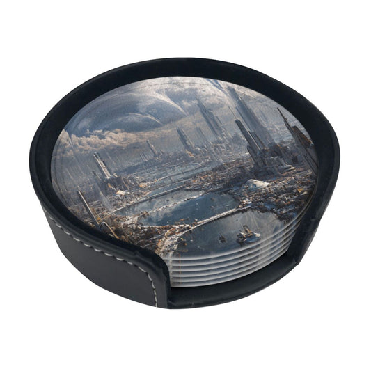 Sci - Fi Future Cityscape Round Leather Coaster Set (6 Pieces + Storage Box)