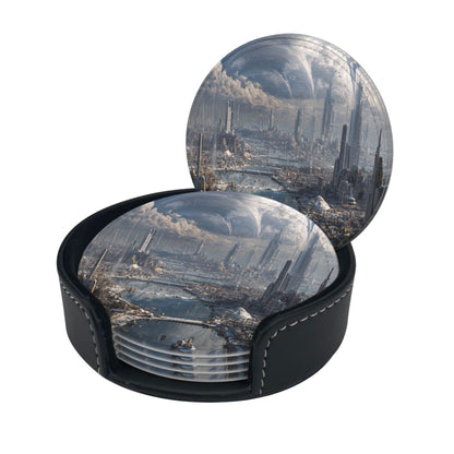 Sci - Fi Future Cityscape Round Leather Coaster Set (6 Pieces + Storage Box)