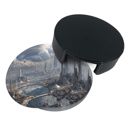 Sci - Fi Future Cityscape Round Leather Coaster Set (6 Pieces + Storage Box)