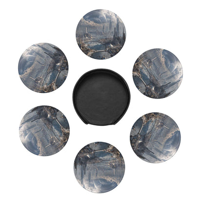 Sci - Fi Future Cityscape Round Leather Coaster Set (6 Pieces + Storage Box)